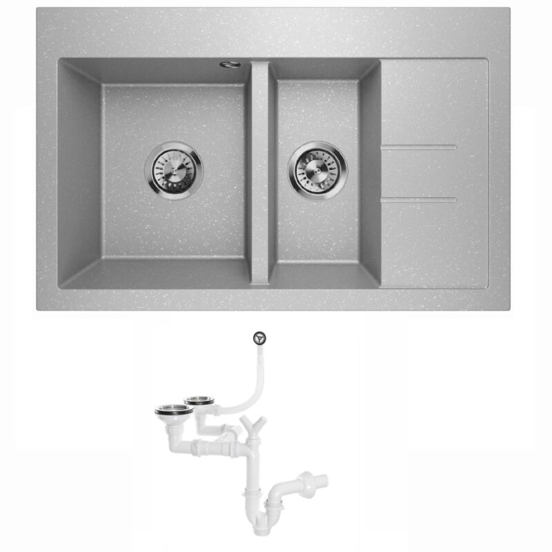 Küchenspüle Granitspüle Einbauspüle Restbecken 1,5 Becken Spüle Abtropffläche Siphon Luxor 1.5S Rechts (Grau Metallic)
