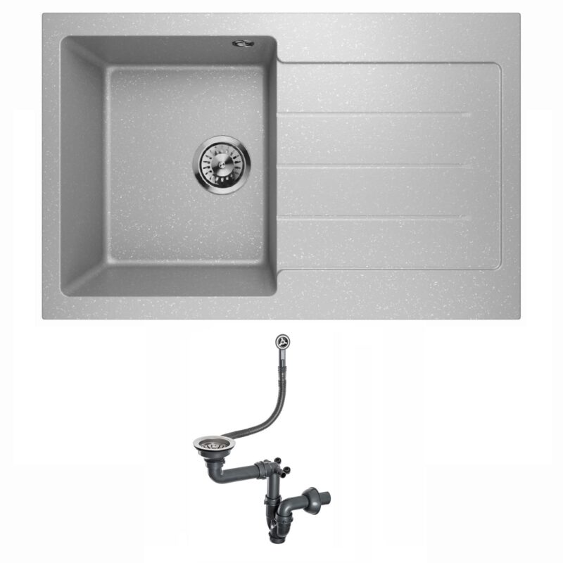 Spülbecken Granitspüle Waschbecken Spüle Einzelbecken mit Abtropffläche Siphon Lavello Decoro 1.0 Grau Metallic - Rechts