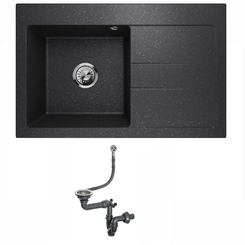 Spülbecken Einzelbecken Spülwaschbecken Einbauspüle mit Abtropffläche Granit Siphon Lavello Luxor 1.0 Schwarz Graphit - Rechts