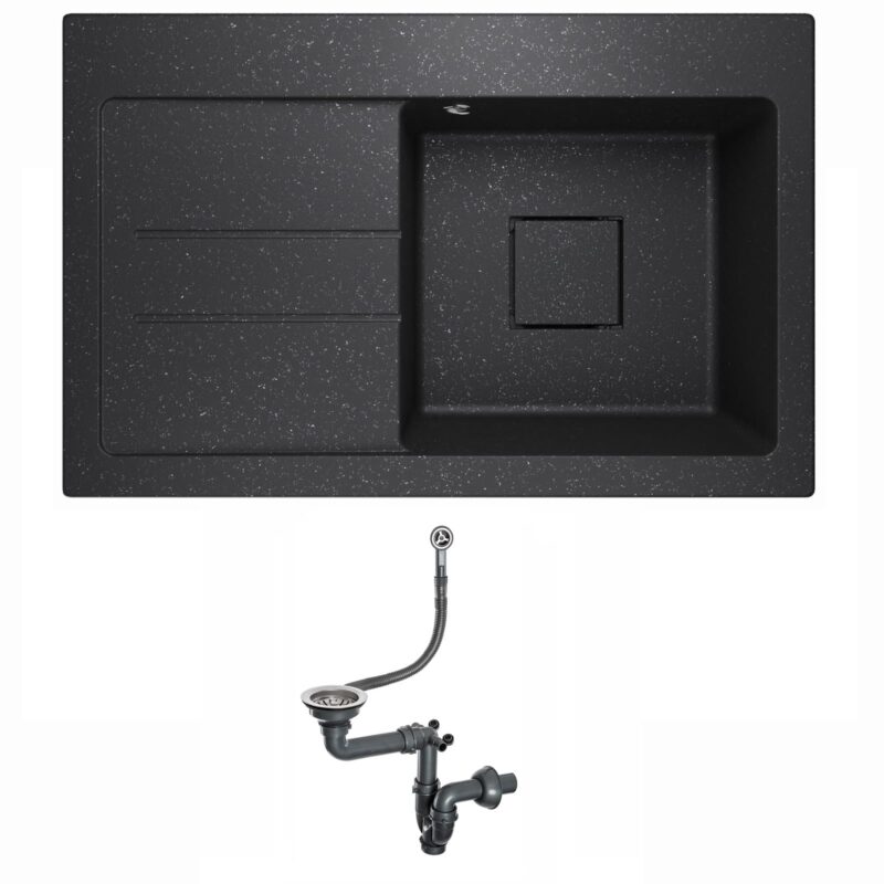Spülbecken Granitspüle Einbauspüle Küchenspüle Einzelbecken Waschbecken mit Abtropffläche und verstecktem Abfluss Siphon Lavello Qube 1.0 Graphit Schwarz - Links
