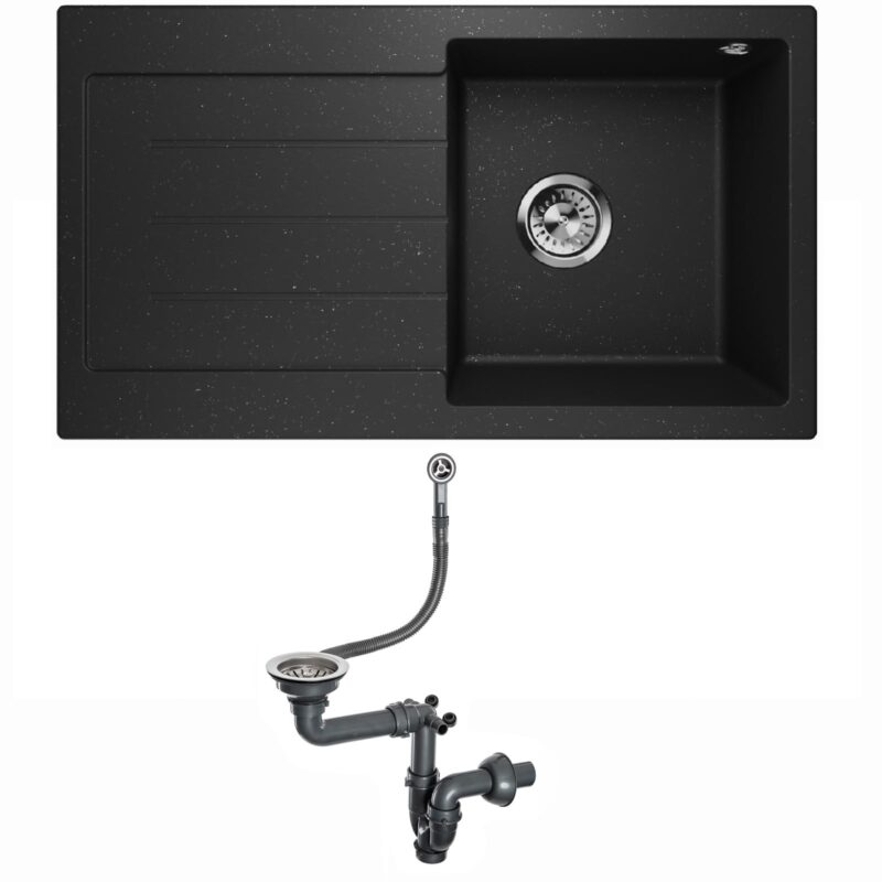 Küchenspüle Granitspüle Einbauspüle Einzelbecken Waschbecken Einbauspüle Siphon Lavello Master 1.0 Schwarz Metallic - Links