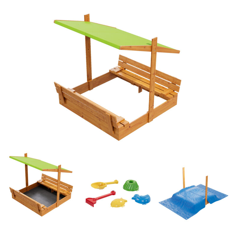Sandkasten aus Holz mit Sitzbank Dach Abdeckung Imprägniert Sandbox 150 cm (Grün)