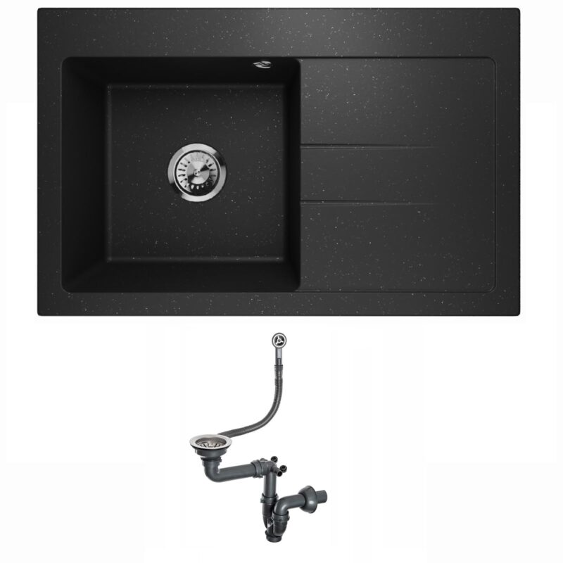 Spülbecken Einzelbecken Spülwaschbecken Einbauspüle mit Abtropffläche Granit Siphon Lavello Luxor 1.0 Schwarz Metallic - Rechts