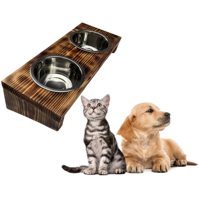 Futterstation schräger Doppelnapf Pet Diner Geflammt Holz Ständer Hundenapf Katzennapf Hundebar Futterbar 7-12 cm 2x0,9 L