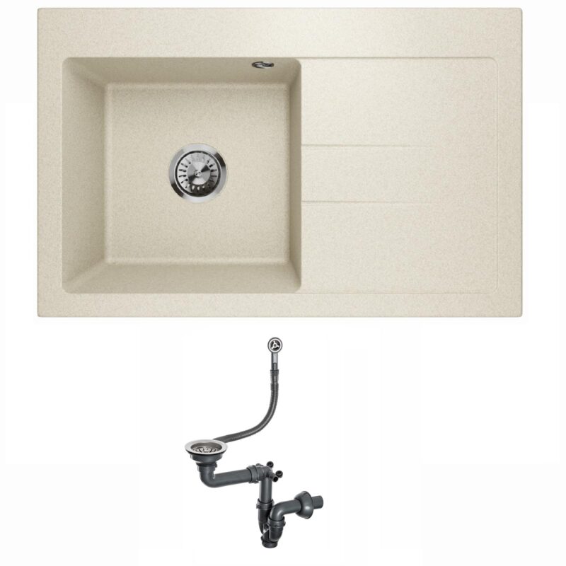 Spülbecken Einzelbecken Spülwaschbecken Einbauspüle mit Abtropffläche Granit Siphon Lavello Luxor 1.0 Beige - Rechts