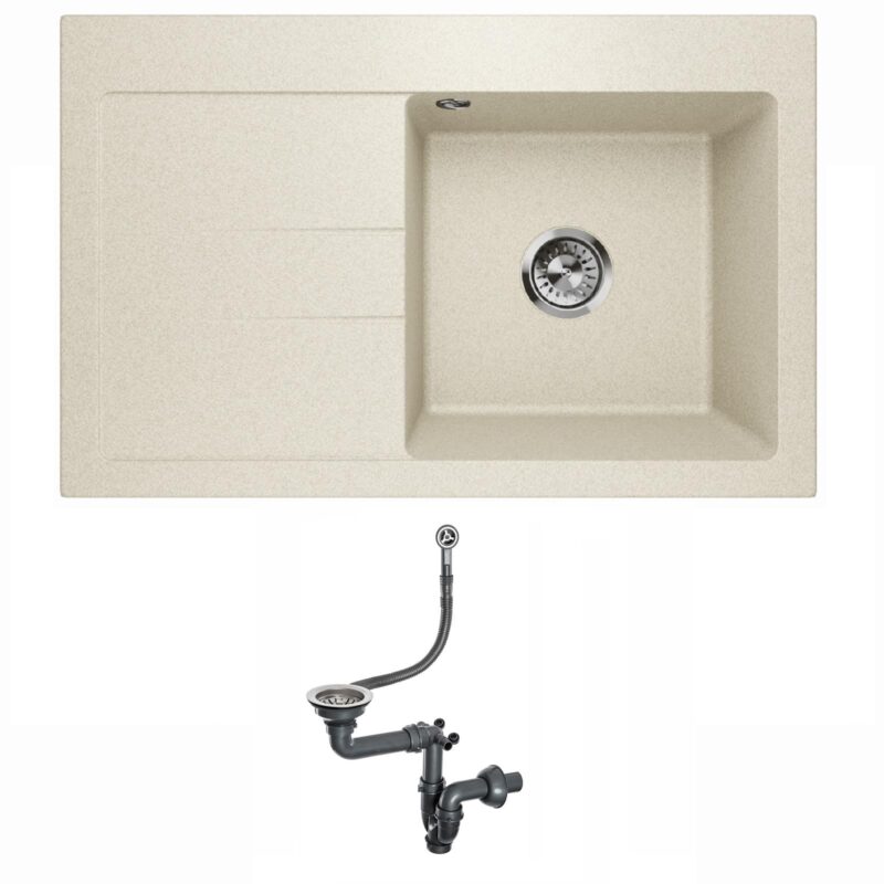 Spülbecken Einzelbecken Spülwaschbecken Einbauspüle mit Abtropffläche Granit Siphon Lavello Luxor 1.0 Sandfarbe Beige Links