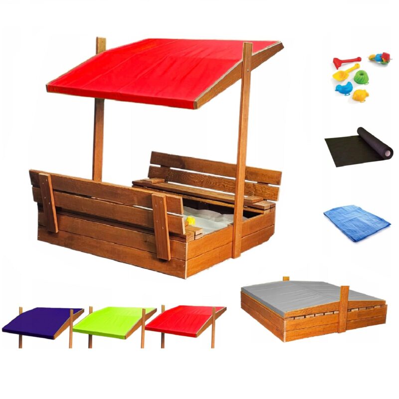Sandkasten aus Holz mit Sitzbank Dach Abdeckung Imprägniert Sandbox (Rot)