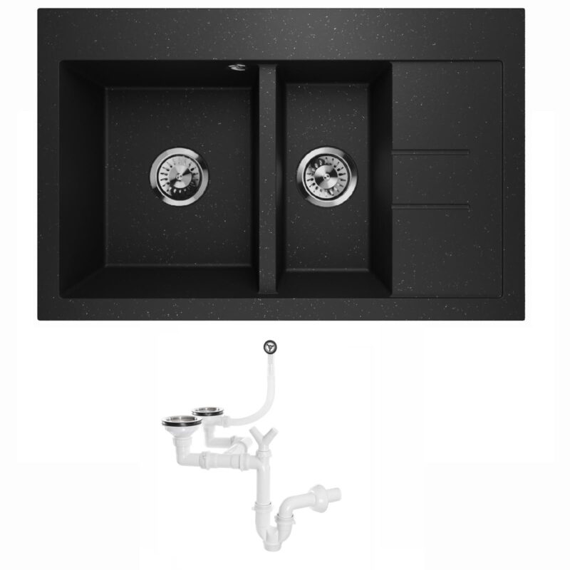 Küchenspüle Granitspüle Einbauspüle Restbecken 1,5 Becken Spüle Abtropffläche Siphon Luxor 1.5S Rechts (Schwarz Metallic)