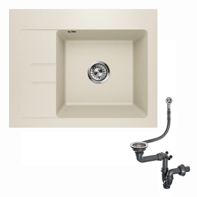 Spülbecken Einzelbecken Spülwaschbecken Küchenspüle Einbauspüle mit Abtropffläche aus Granit Siphon Lavello Luxor 1.0S Sandfarbe Beige - Links