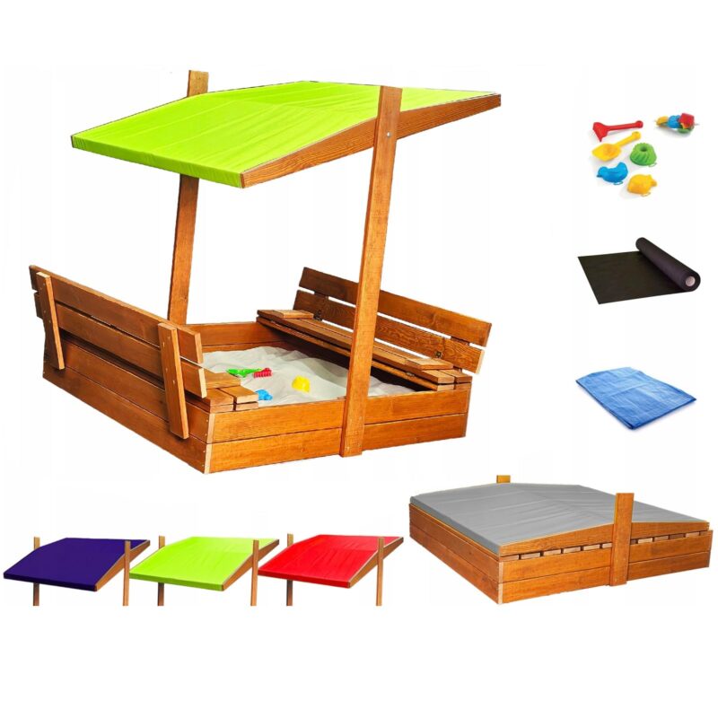 Sandkasten aus Holz mit Sitzbank Dach Abdeckung Imprägniert Sandbox (Grün)
