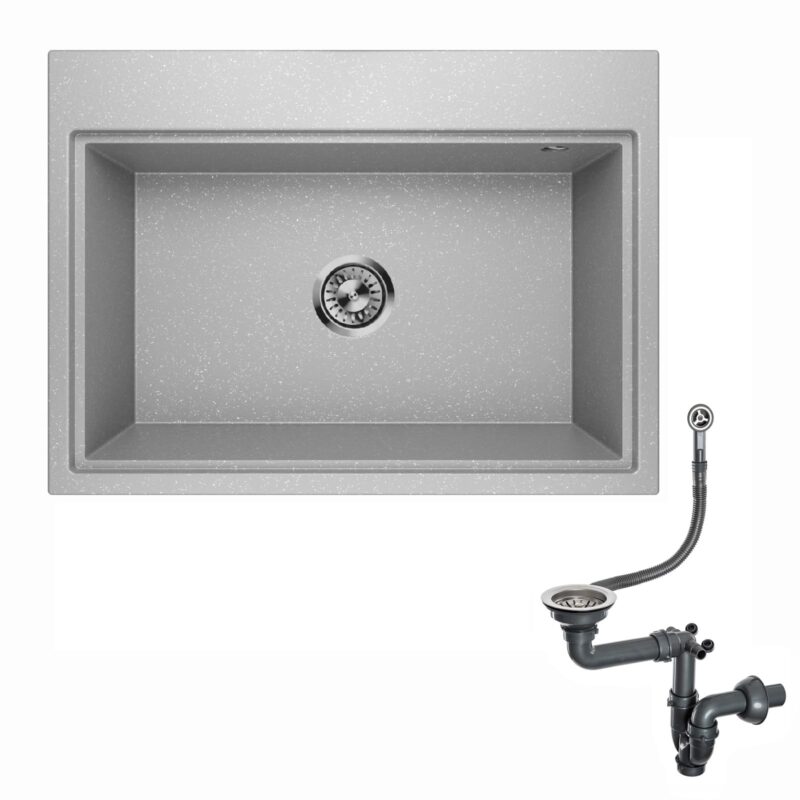 Granitspüle Spülbecken Waschbecken Küchenspüle 1 Becken tiefe Kammer Einbauspüle Siphon Lavello Comfort 0.0XL Grau Metallic