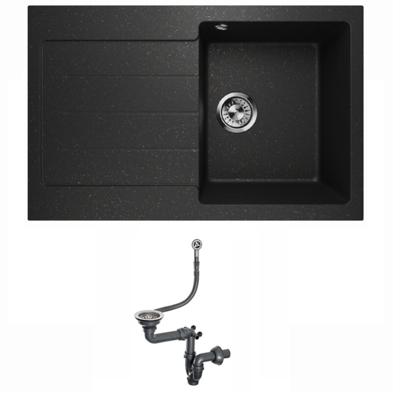Spülbecken Granitspüle Waschbecken Spüle Einzelbecken mit Abtropffläche Siphon Lavello Decoro 1.0 Schwarz Vergoldet - Links