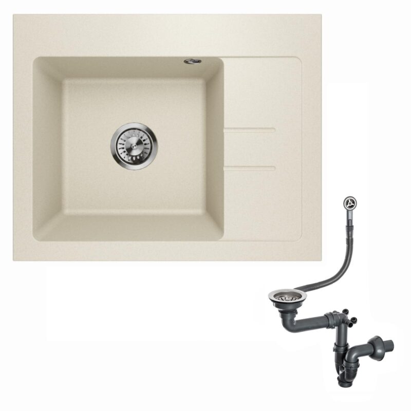 Spülbecken Einzelbecken Spülwaschbecken Küchenspüle Einbauspüle mit Abtropffläche aus Granit Siphon Lavello Luxor 1.0S Sandfarbe Beige - Rechts
