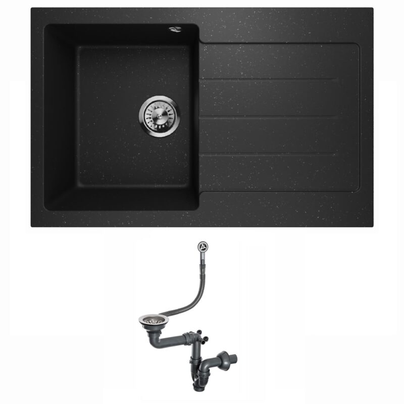 Spülbecken Granitspüle Waschbecken Spüle Einzelbecken mit Abtropffläche Siphon Lavello Decoro 1.0 Schwarz Metallic - Rechts