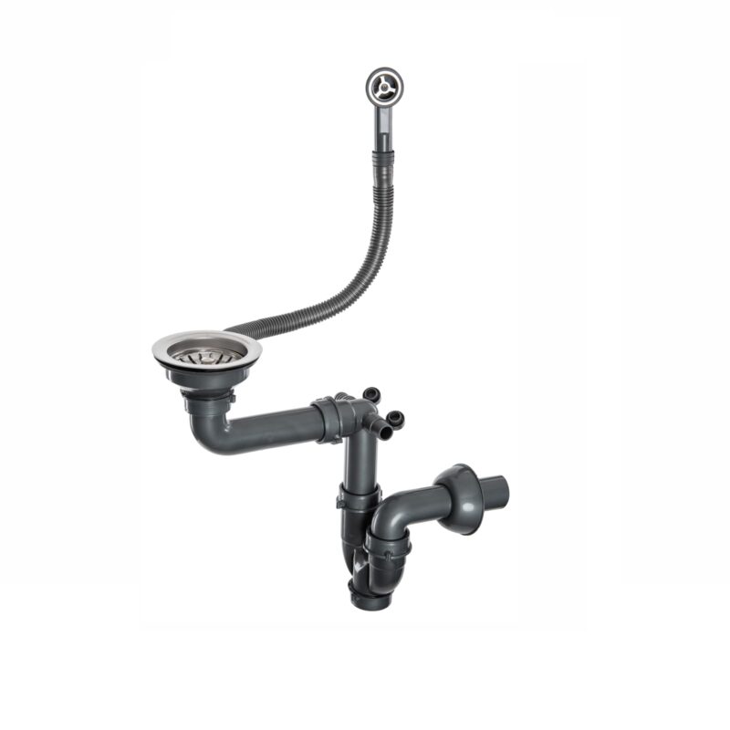 Manueller Siphon für Küchenspüle Abflussgarnitur Ablauf Überlauf Abfluss Pop Up für 1 Becken (Silber)