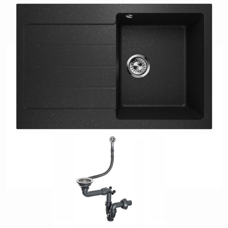 Spülbecken Granitspüle Waschbecken Spüle Einzelbecken mit Abtropffläche Siphon Lavello Decoro 1.0 Schwarz Metallic - Links