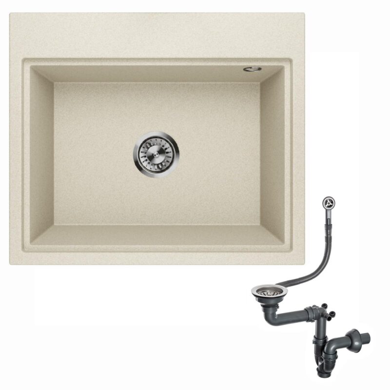Granitspüle Spülbecken Waschbecken Küchenspüle 1 Becken tiefe Kammer Einbauspüle Siphon Lavello Comfort 0.0L Beige Sandfgarbe