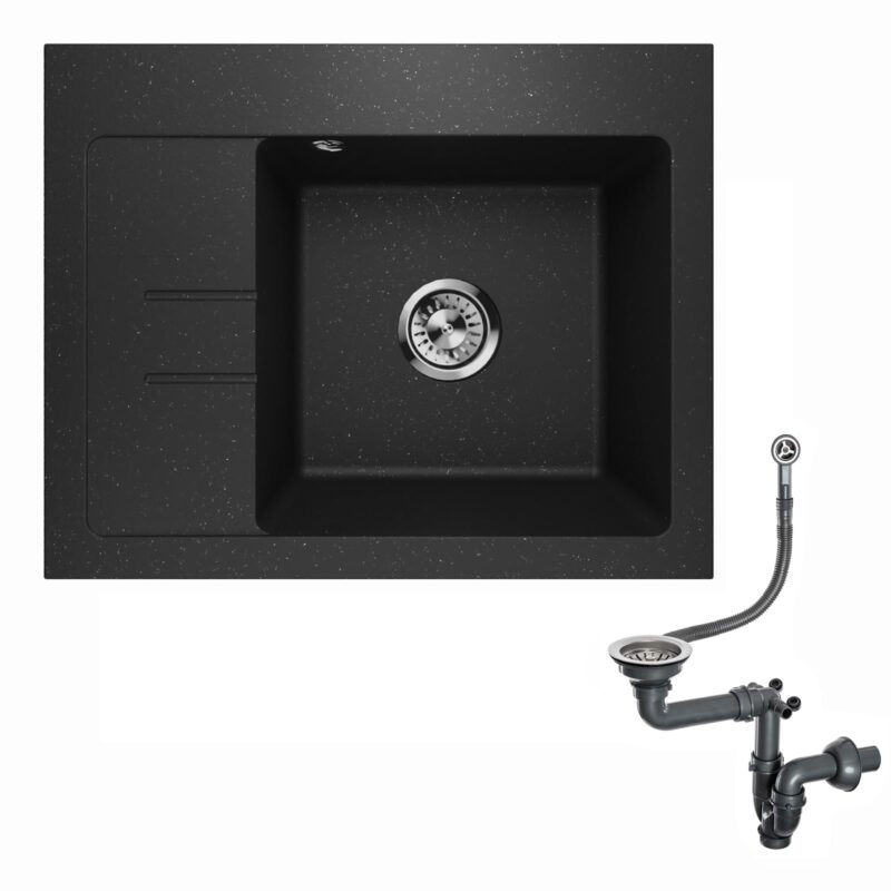 Spülbecken Einzelbecken Spülwaschbecken Küchenspüle Einbauspüle mit Abtropffläche aus Granit Lavello Luxor 1.0S Schwarz Metallic - Links