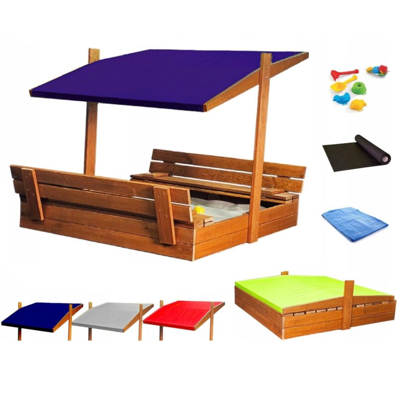 Sandkasten aus Holz mit Sitzbank Dach Abdeckung Imprägniert Sandbox (Dunkelblau)