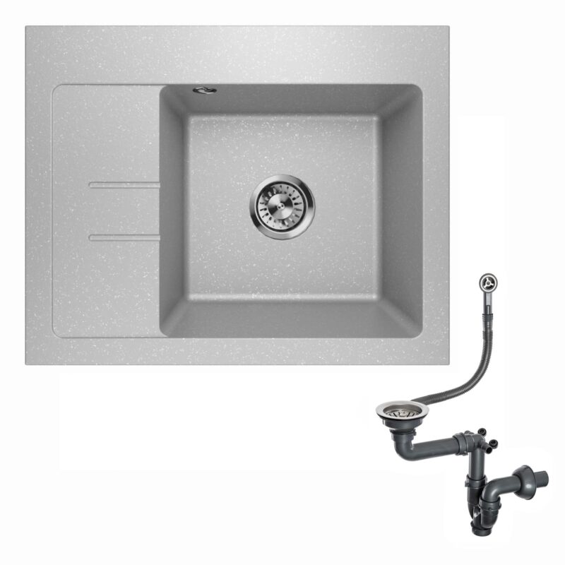 Spülbecken Einzelbecken Spülwaschbecken Küchenspüle Einbauspüle mit Abtropffläche aus Granit Siphon Lavello Luxor 1.0S Grau Metallic - Links