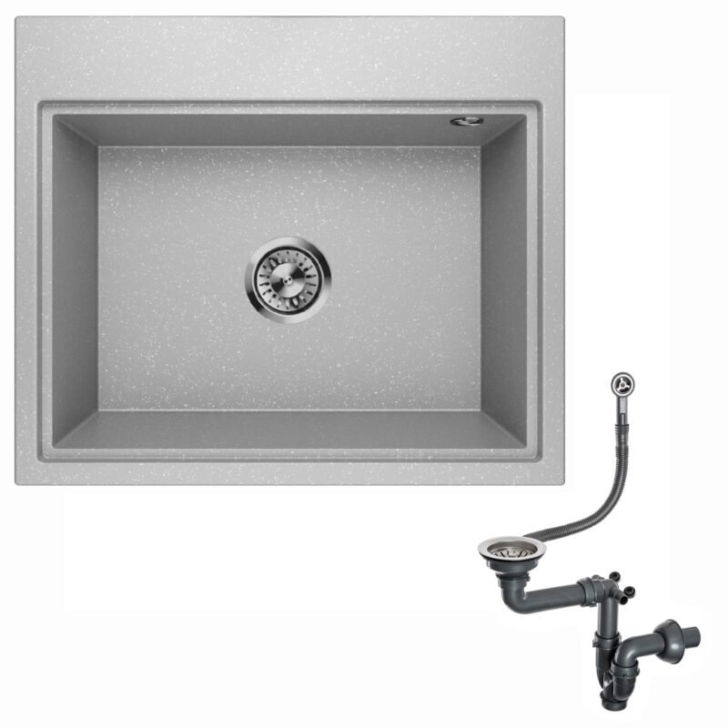 Granitspüle Spülbecken Waschbecken Küchenspüle 1 Becken tiefe Kammer Einbauspüle Siphon Lavello Comfort 0.0L Grau Metallic