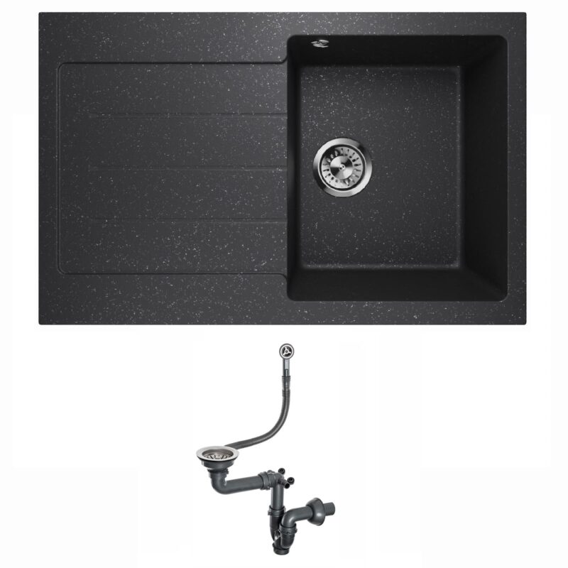 Spülbecken Granitspüle Waschbecken Spüle Einzelbecken mit Abtropffläche Siphon Lavello Decoro 1.0 Graphit Schwarz - Links