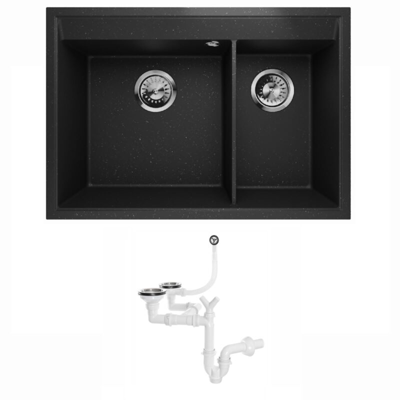 Granitspüle Doppelbecken Küchenspüle Einbauspüle Spülbecken Siphon Restbecken 2-1,5 Becken Frame 2.5 (Schwarz Metallic)