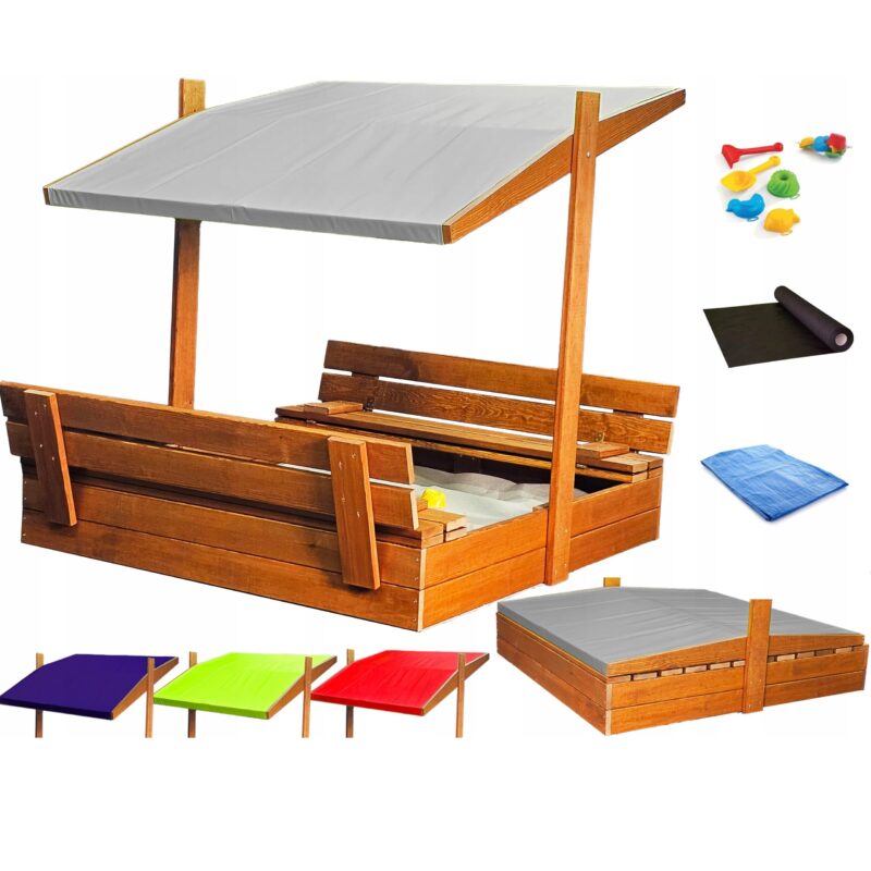 Sandkasten aus Holz mit Sitzbank Dach Abdeckung Imprägniert Sandbox (Grau)