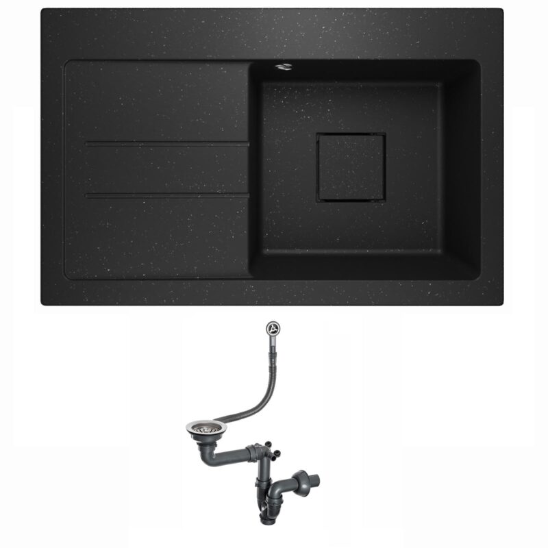 Spülbecken mit Abtropffläche und verstecktem Abfluss Siphon Lavello Qube 1.0 Schwarz Metallic - Links