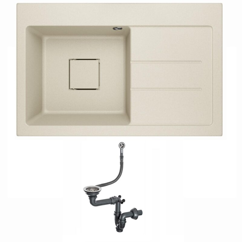 Spülbecken Granitspüle Einbauspüle Küchenspüle Einzelbecken Waschbecken mit Abtropffläche und verstecktem Abfluss Siphon Lavello Qube 1.0 Beige - Rechts