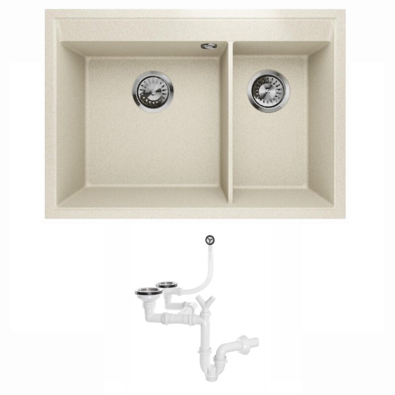 Granitspüle Doppelbecken Küchenspüle Einbauspüle Spülbecken Restbecken 2-1,5 Becken Frame 2.5 (Beige)