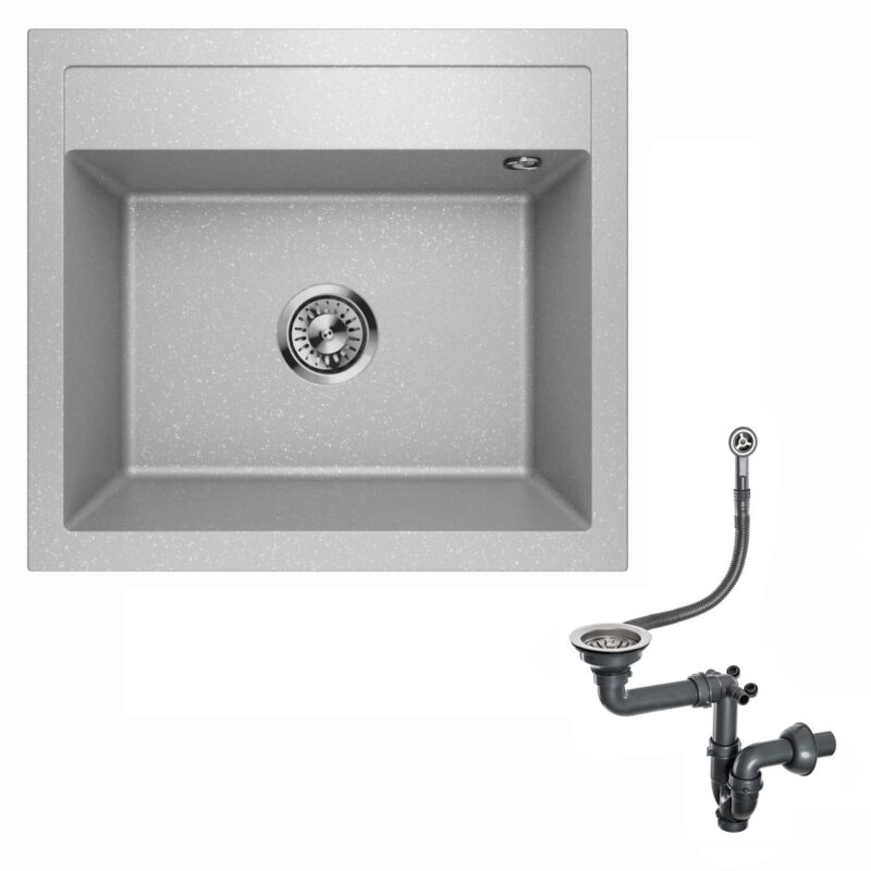 Spülbecken Granitspüle Einbauspüle Küchenspüle Einzelbecken Waschbecken Siphon Lavello Decoro 0.0 Grau Metallic