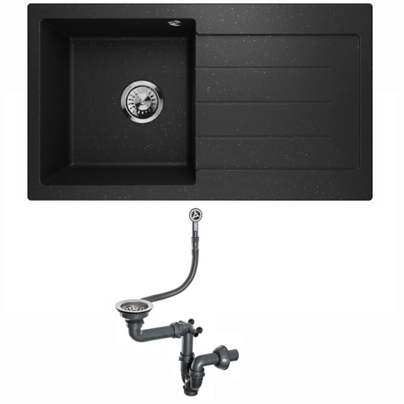 Küchenspüle Granitspüle Einbauspüle Einzelbecken Waschbecken Einbauspüle Siphon Lavello Master 1.0 Schwarz Metallic - Rechts