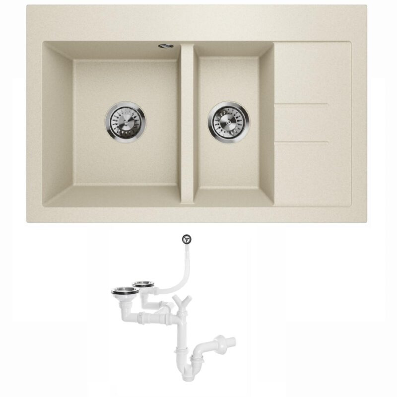 Küchenspüle Granitspüle Einbauspüle Restbecken 1,5 Becken Spüle Abtropffläche Siphon Luxor 1.5S Rechts (Beige)