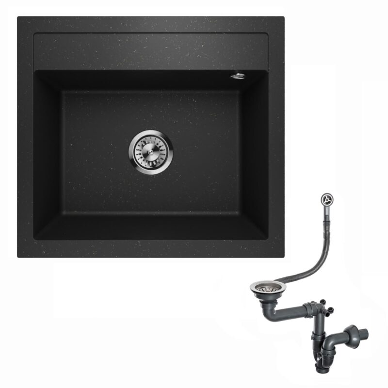 Spülbecken Granitspüle Einbauspüle Küchenspüle Einzelbecken Waschbecken Siphon Lavello Decoro 0.0 Schwarz Vergoldet