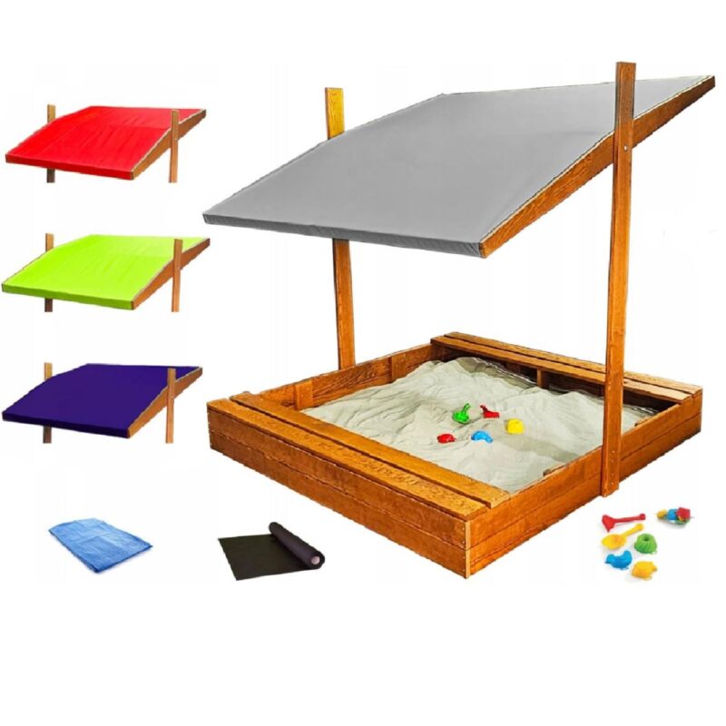 Sandkasten aus Holz mit Dach Abdeckung Imprägniert Sandbox Kinder 120 cm (Grau)