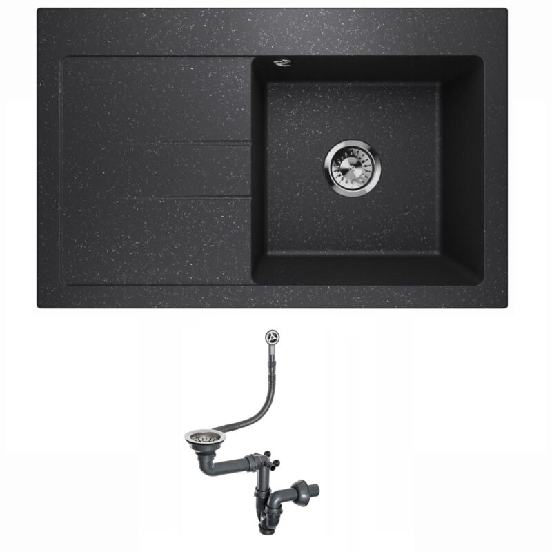 Spülbecken Einzelbecken Spülwaschbecken Einbauspüle mit Abtropffläche Granit Siphon Lavello Luxor 1.0 Graphit Schwarz - Links