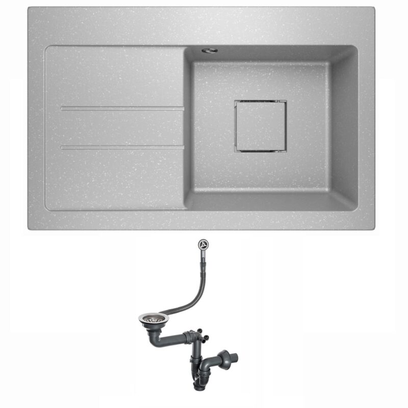 Spülbecken Granitspüle Einbauspüle Küchenspüle Einzelbecken Waschbecken mit Abtropffläche und verstecktem Abfluss Siphon Lavello Qube 1.0 Grau Metallic- Links