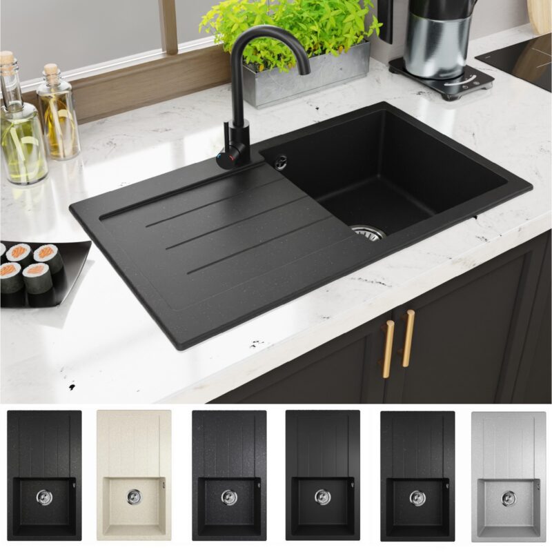 QLS Spülbecken aus Granit mit Siphon Abtropffläche Master 1.0 Links